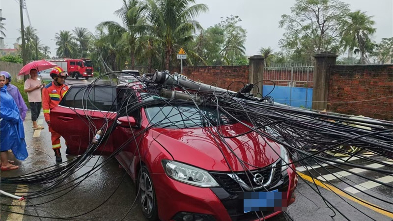 电线杆倒塌压车一人被困 海口龙华消防雨中紧急救援