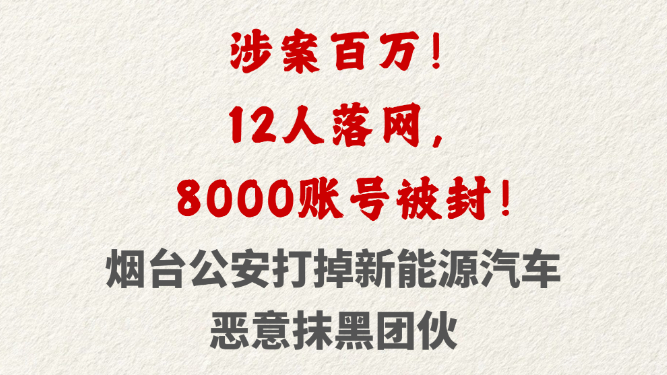 涉案百万！12人落网，8000账号被封！烟台公安打掉新能源汽车恶意抹黑团伙