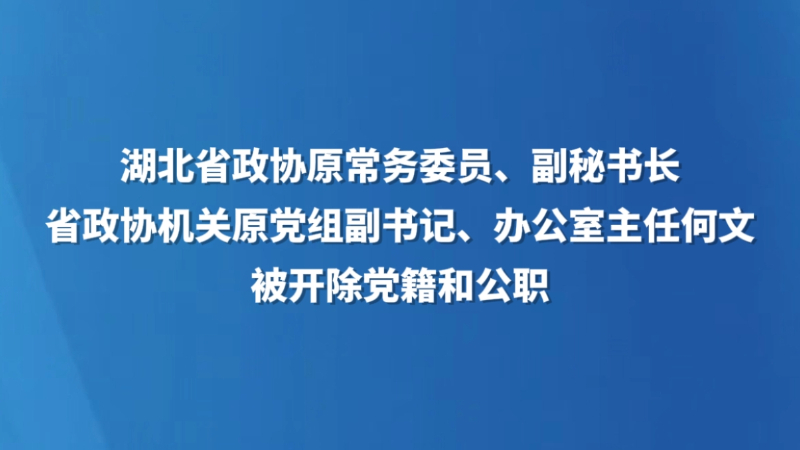 湖北省政协原常务委员、副秘书长，省政协机关原党组副书记、办公厅主任何文被开除党籍和公职
