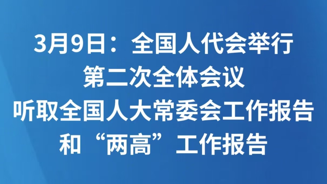 3月9日：全国人代会举行第二次全体会议 听取全国人大常委会工作报告和“两高”工作报告
