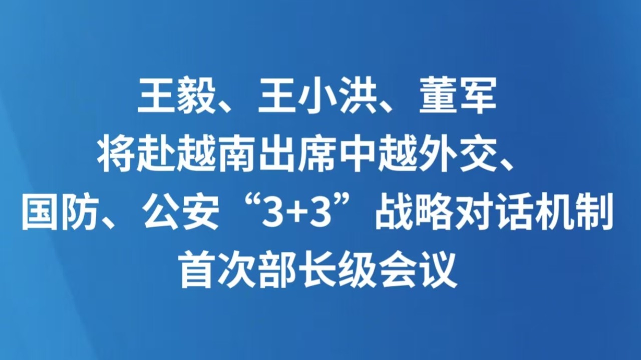 王毅、王小洪、董军将赴越南出席中越外交、国防、公安“3+3”战略对话机制首次部长级会议