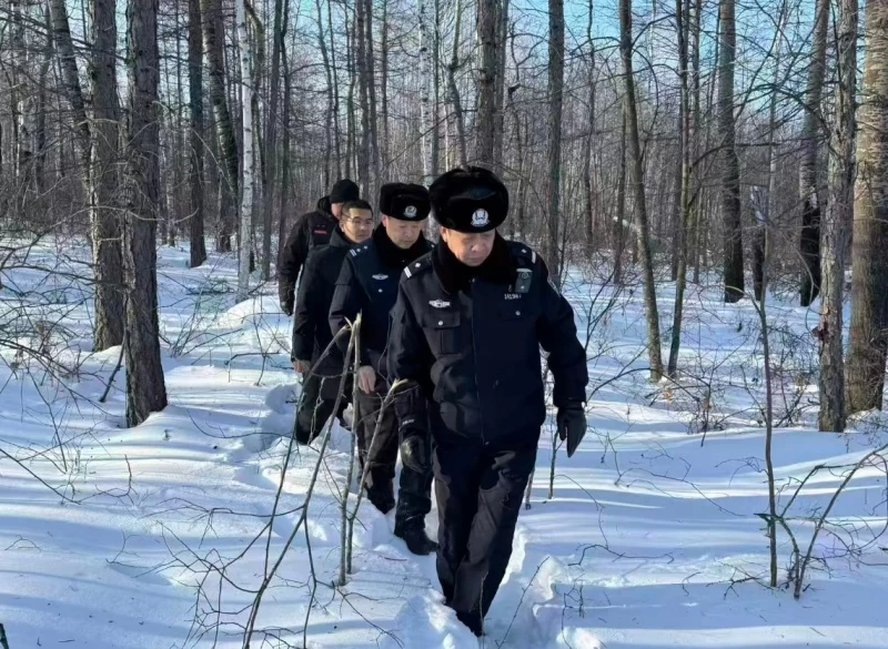 黑龙江省大兴安岭公安局十八站分局：寒冬巡山清套网 警企携手护林安