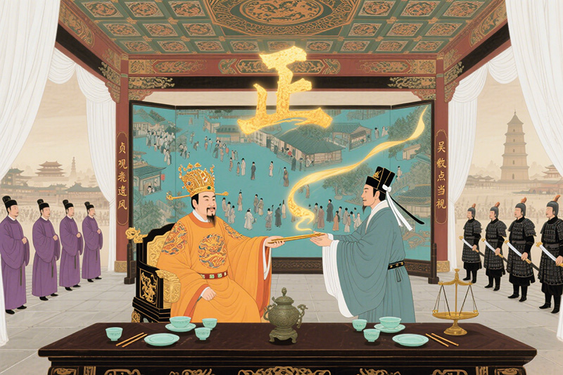 唐玄宗端坐御座赐金筷,宋璟恭敬躬身承接,彰其公正廉洁,寓意开元盛世清明。.jpg