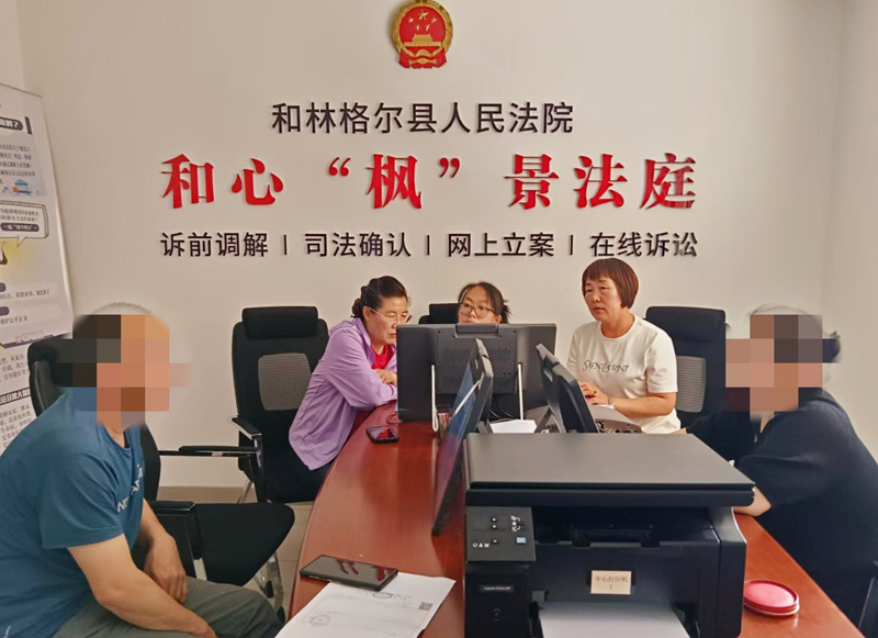 图1(放在第二段后) 人大代表杜秀清(右二)和调解员高敏(左二)正在调解案件,拍摄人:李梦媛.jpg