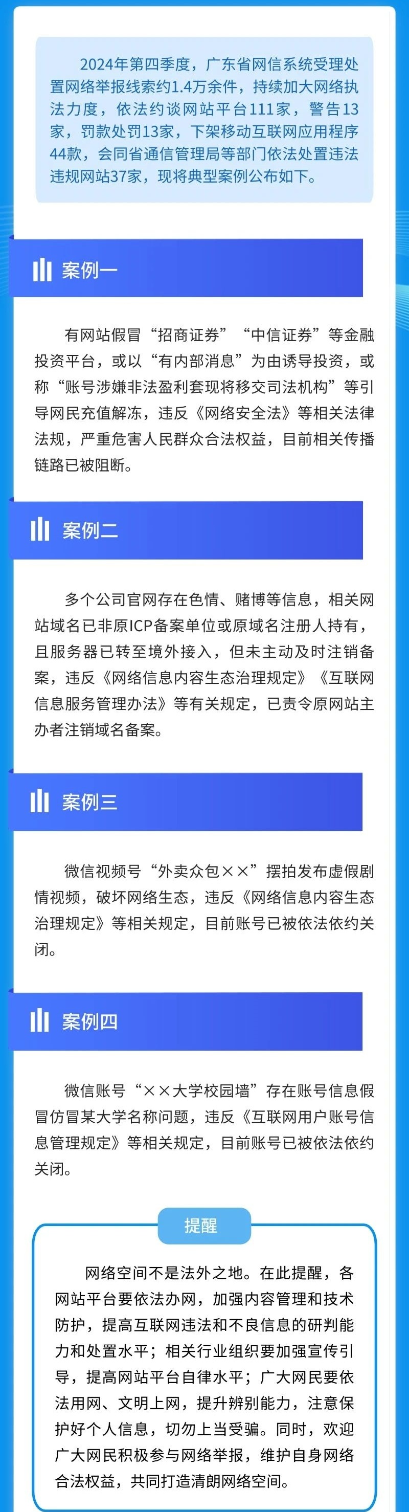 广东网信2024年第四季度网络举报处置与执法情况通报