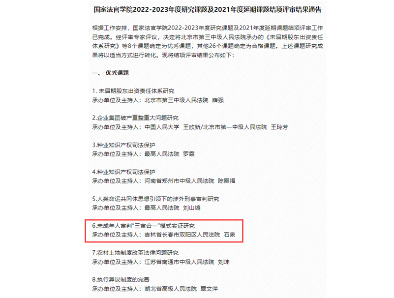 吉林省长春市双阳区法院研究课题荣获国家法官学院优秀课题
