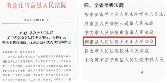 黑龙江省佳木斯市桦南县人民法院土龙山人民法庭荣获“全省优秀法庭”称号