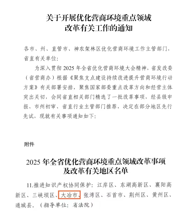 连续五年  湖北省大冶市法院再次入选全省优化营商环境重点领域改革事项创建试点