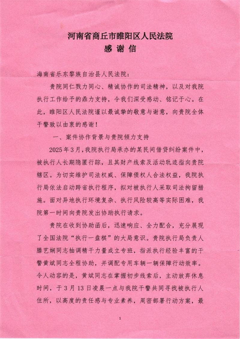 海南乐东法院雷霆执行获兄弟法院点赞