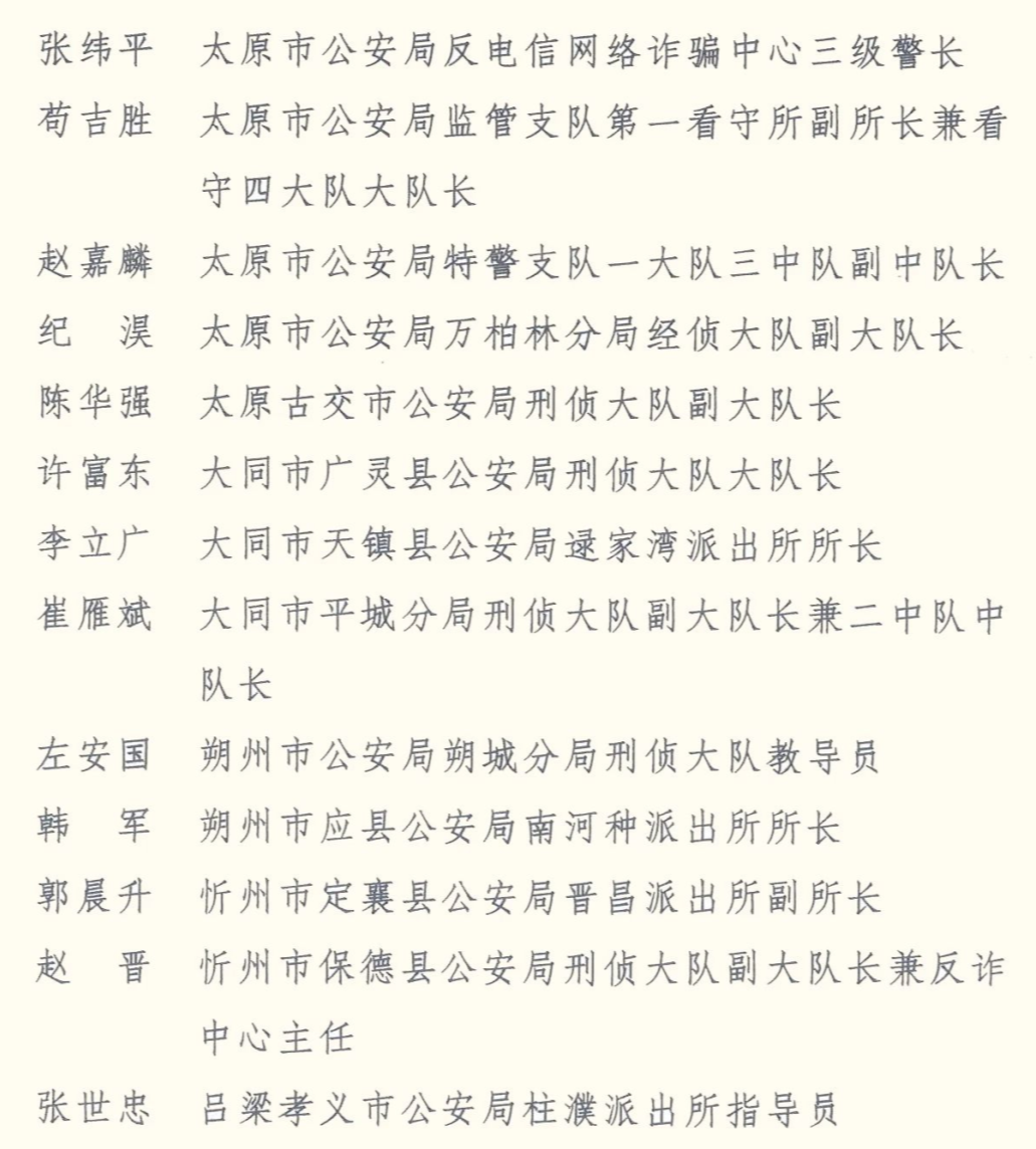 2024山西公安“最美基层民警”“最美基层辅警”名单公布